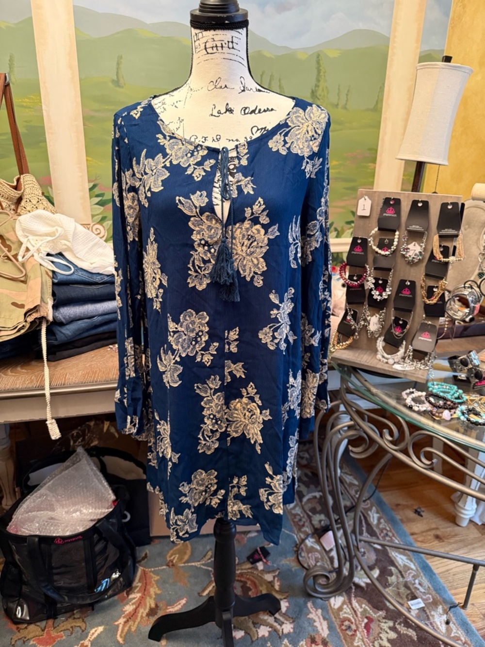 Women's Navy Floral Tassel Tunic Dress - Unbranded New No Tags